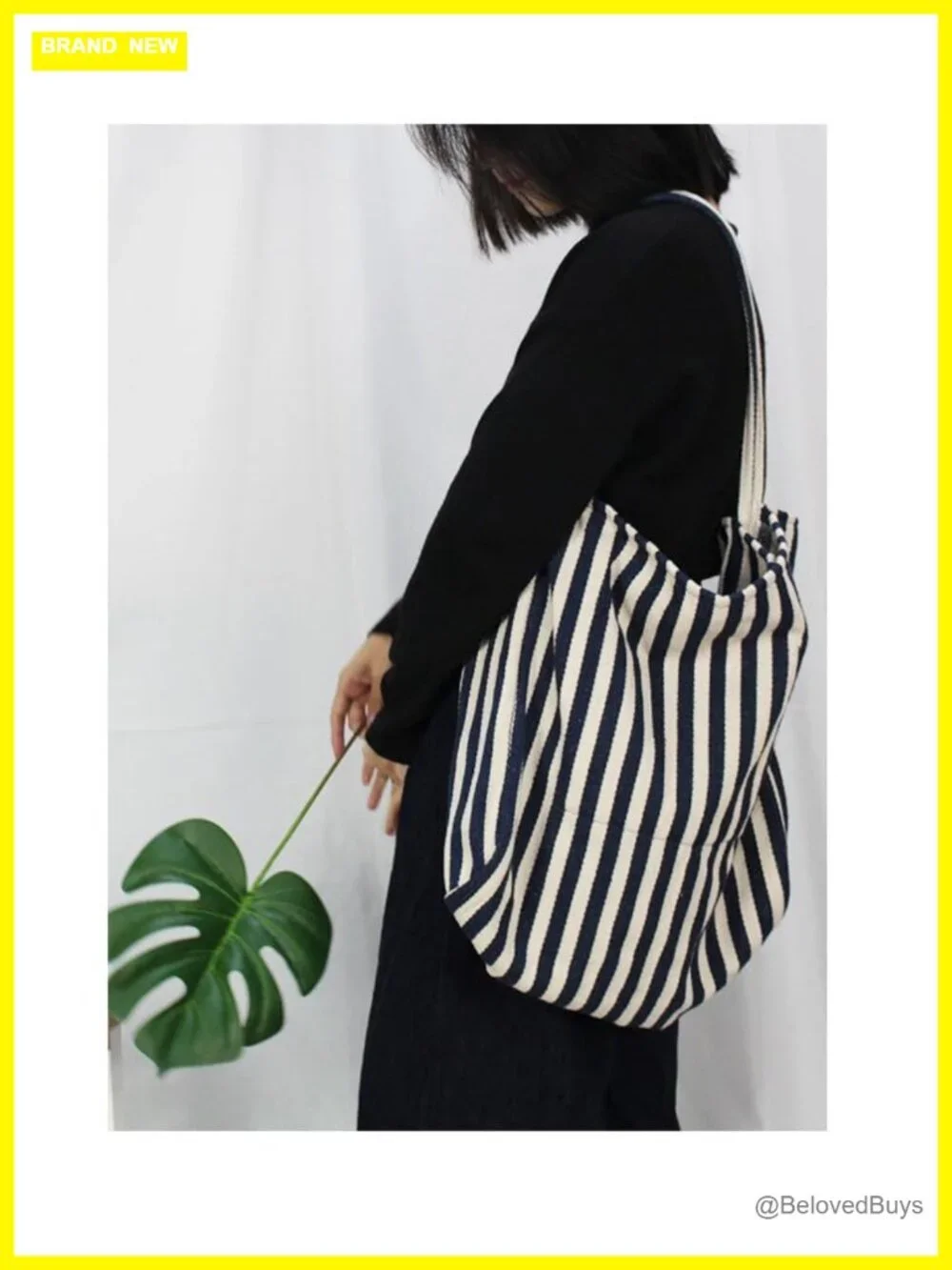 2-Piece Lightweight Cotton Canvas Striped Tote Bags with Inner Pocket